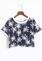 Romwe Coconut Trees Print Crop Blue T-shirt