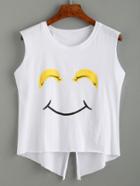 Romwe White Smiley Face Print Slit Back Sleeveless T-shirt