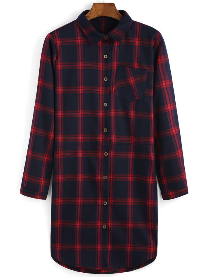 Romwe Plaid Pocket Shirt Red Dress