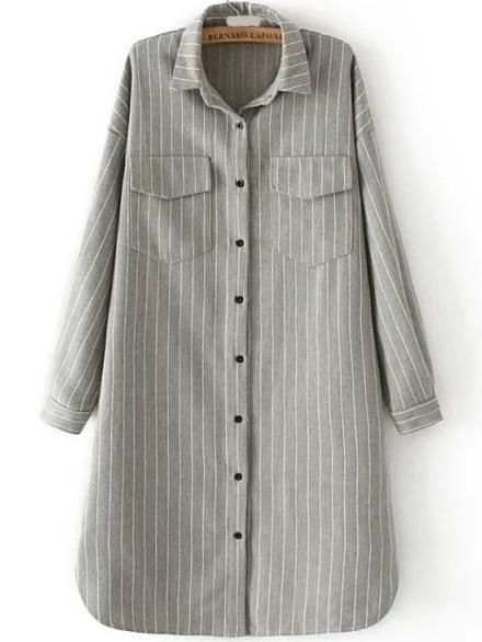 Romwe Lapel Vertical Striped Pockets Loose Blouse