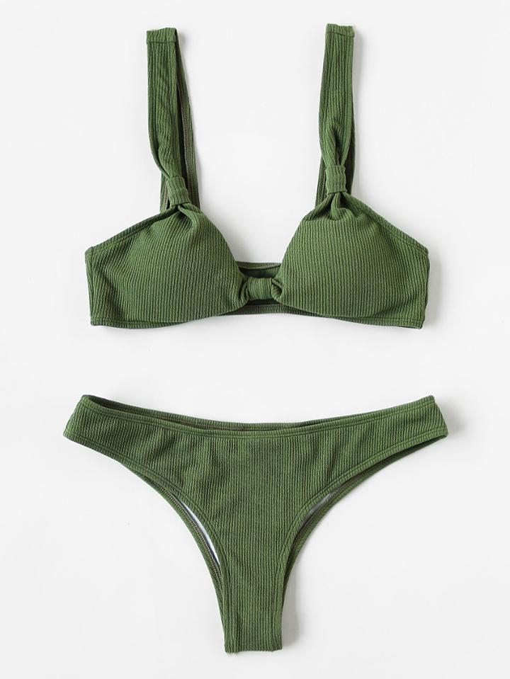 Romwe Knot Detail Ribbed Bikini Set