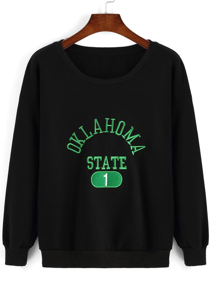Romwe Round Neck Letter Embroidered Sweatshirt