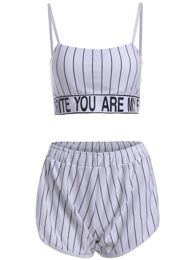 Romwe Spaghetti Strap Letter Print Top With Vertical Striped White Shorts