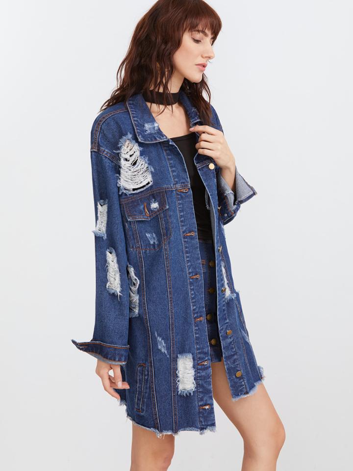 Romwe Blue Raw Hem Distressed Longline Denim Jacket