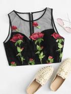 Romwe Rose Embroidered Mesh Patchwork Top