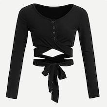 Romwe Criss Cross Knot Hem Popper Tee