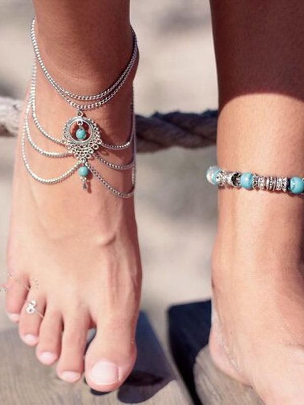 Romwe Antique Silver Turquoise Waterdrop Layered Anklet