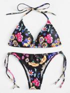 Romwe Self Tie Floral Bikini Set