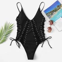 Romwe Eyelet Lace-up One Piece Swimsuit