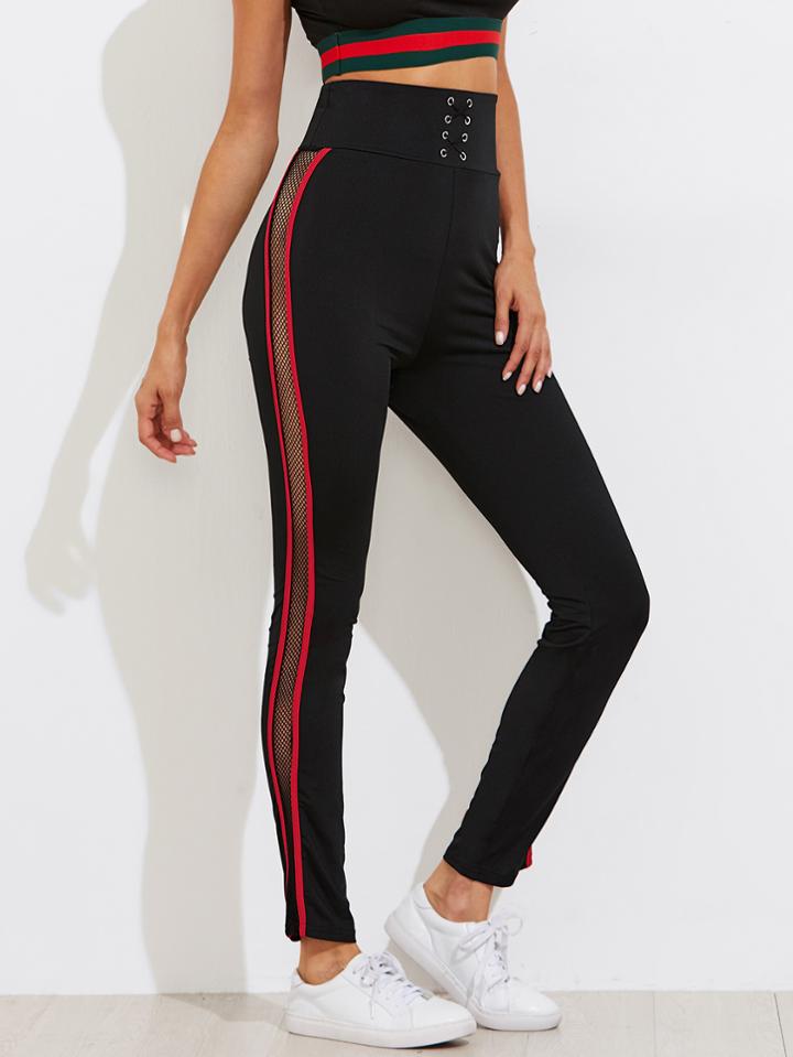 Romwe Eyelet Lace Up Waist Side Fishnet Panel Leggings