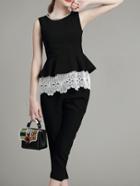 Romwe Black Contrast Crochet Ruffle Top With Pants