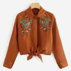 Romwe Floral Embroidered Knot Hem Blouse