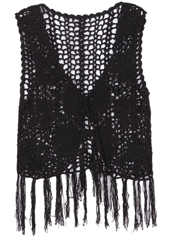 Romwe With Tassel Hollow Black Tank Top