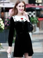Romwe Black Round Neck Long Sleeve Embroidered Tie Dress