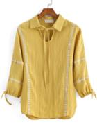 Romwe Lapel Embroidered Lace Up Yellow Top