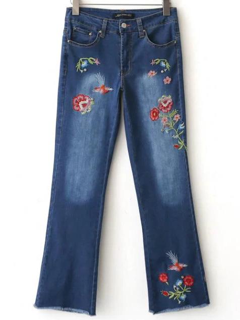 Romwe Blue Flower Embroidery Raw Hem Jeans