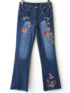 Romwe Blue Flower Embroidery Raw Hem Jeans