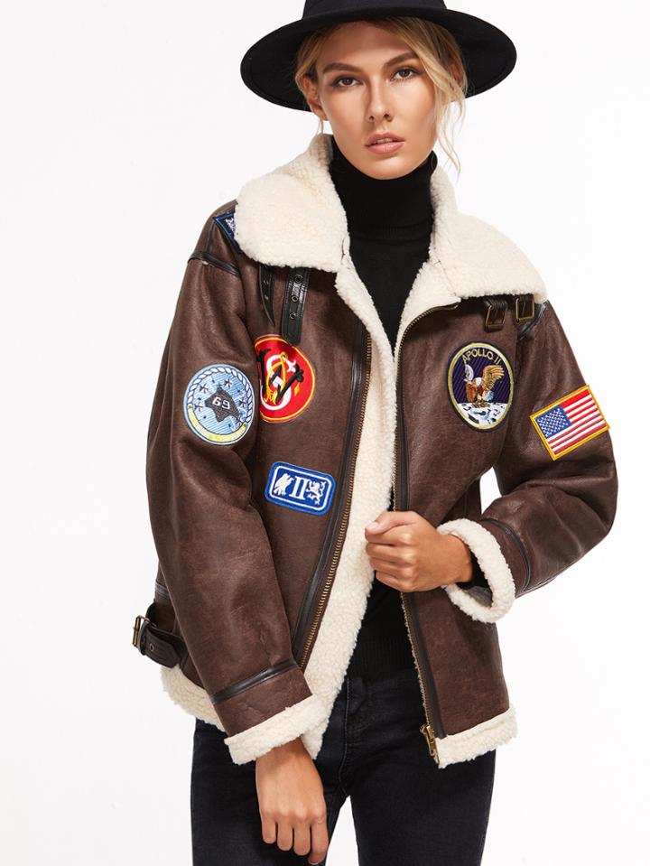 Romwe Coffee Patch Detail Buckle Zipper Coat