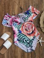 Romwe Bardot Neckline Floral Print Swimsuit