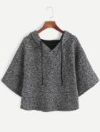 Romwe Grey Half Sleeve Drawstring Hooded Sweatshirt