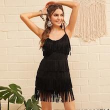 Romwe Layered Fringe Embellished Suede Cami Dress