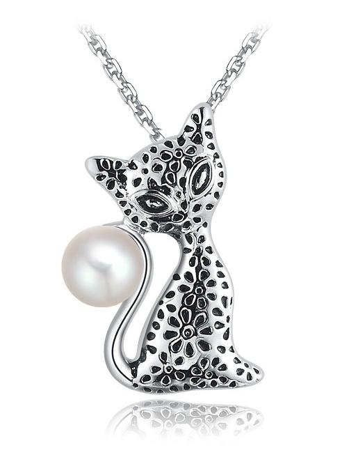 Romwe Silver Pearl Cat Chain Necklace