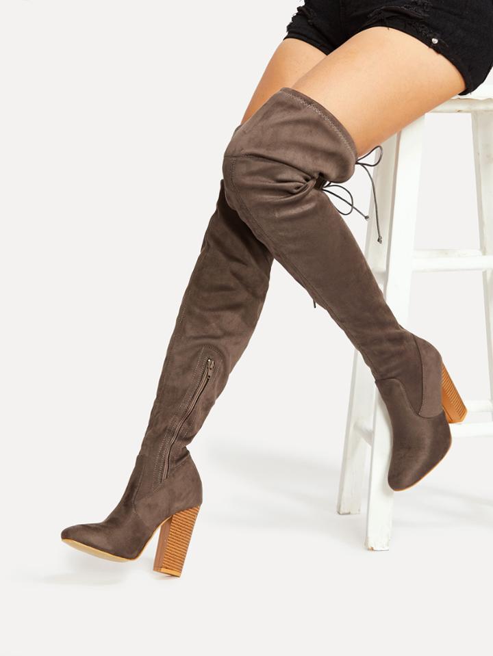 Romwe Lace Up Detail Block Heeled Thigh High Boots