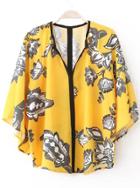 Romwe Yellow Batwing Short Sleeve Floral Loose Blouse