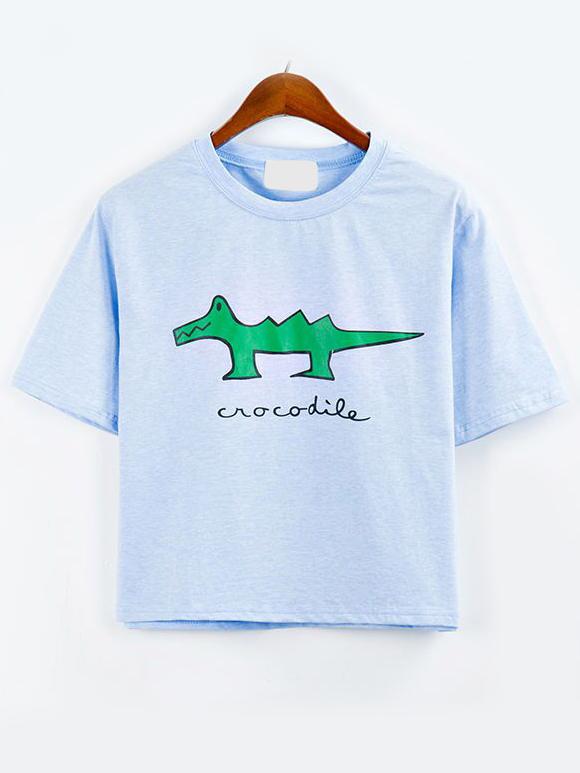 Romwe Blue Crocodile Print Drop Shoulder T-shirt