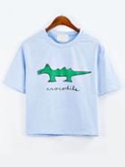 Romwe Blue Crocodile Print Drop Shoulder T-shirt