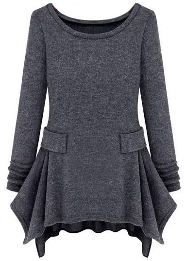 Romwe Dark Grey Long Sleeve Ruffles Pockets Dress