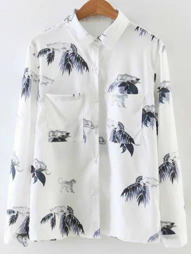 Romwe White Animal Print Front Pocket Blouse