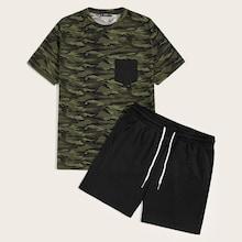 Romwe Guys Pocket Patched Camo Top & Shorts Set