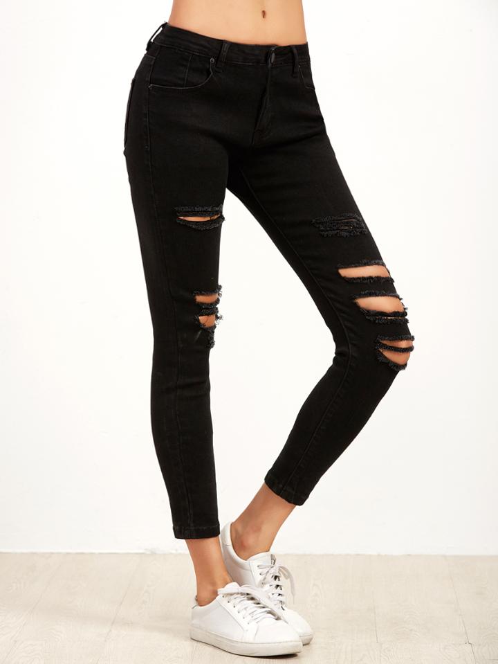Romwe Black Ripped Skinny Ankle Jeans