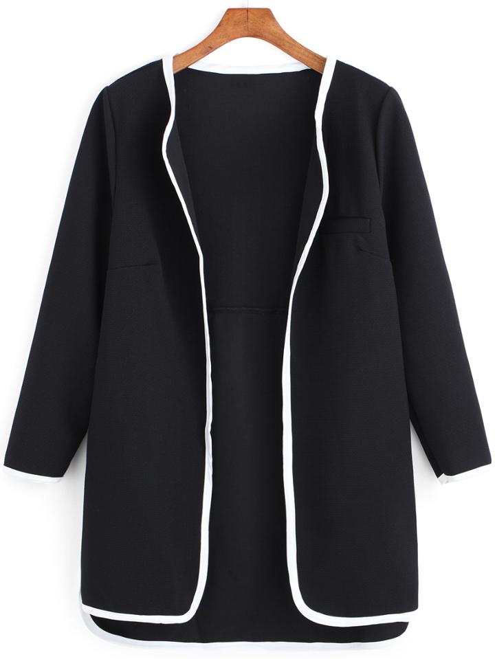Romwe Dip Hem Contrast Edge Black Coat