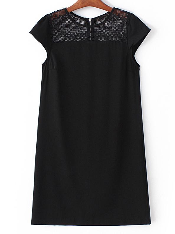 Romwe Black Cap Sleeve Crochet Lace Tunic Dress