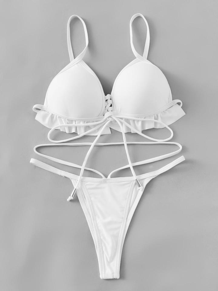 Romwe Ruffle Hem Lace Up Bikini Set