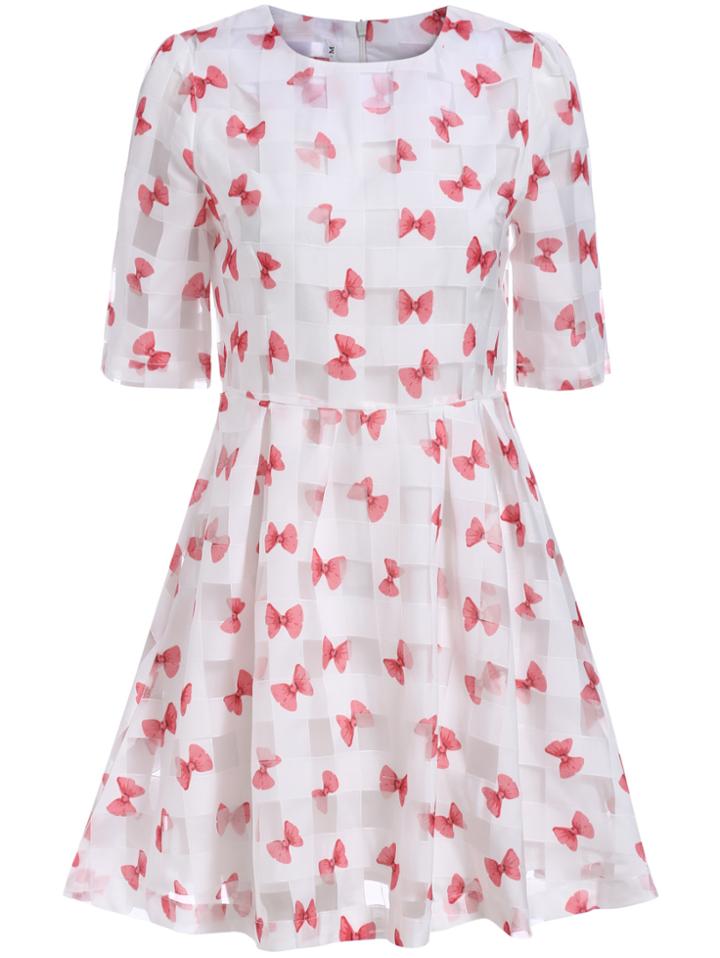 Romwe Half Sleeve Bow Print Red Dress