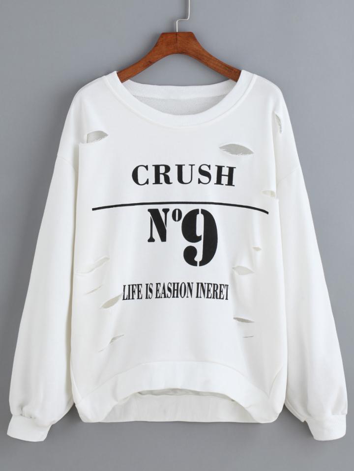 Romwe Letter Print Ripped White Sweatshirt