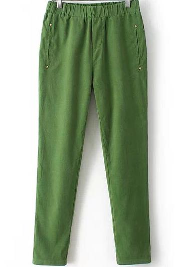 Romwe Elastic Waist Pockets Green Pant