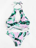 Romwe Palm Print Wrap Bikini Set
