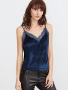 Romwe Navy Contrast Lace Trim Velvet Cami Top