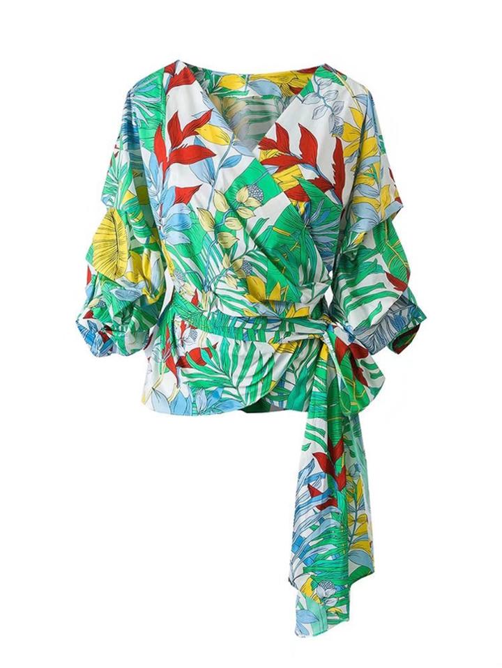Romwe Surplice Front Tie Waist Top