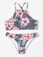 Romwe Flower Print Cross Back Bikini Set