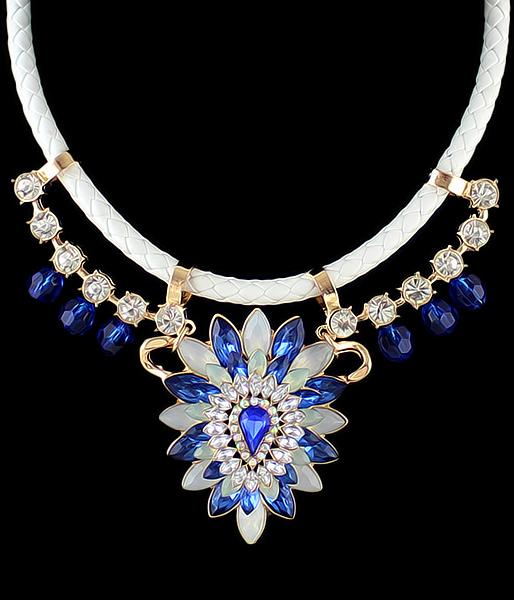 Romwe Blue Rhinestone Wave Necklace