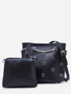 Romwe Black Metal Eyelet Chain Bucket Bag With Clutch Bag