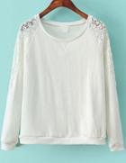 Romwe White Lace Shoulder Round Neck Loose Sweatshirt