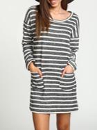 Romwe Grey Tees Banded Long Sleeve Chambray Stripy Fringes Stria Striped Pockets Dress