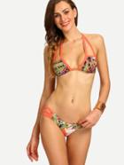 Romwe Multicolor Tropical Print Cutout Strappy Bikini Set