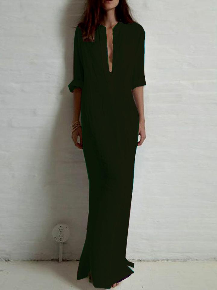 Romwe Deep V Neck Pocket Maxi Black Dress